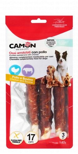 Camon 17cm Rawhide Roll Dog Treats with Beef & Chicken (3 Pieces)