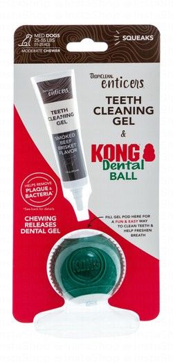 Tropiclean Teeth Cleaning Gel with Kong Squeaky Dental Ball for Medium Dogs (11-25kg)