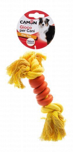 Camon Small Yellow & Orange Rope Dog Tug Toy with Rubber Rings