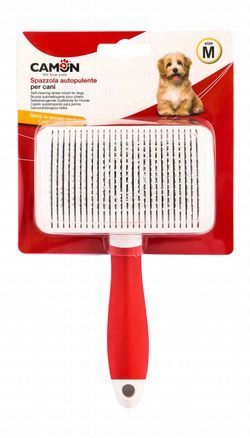 Camon Medium Red & White Self-Cleaning Pet Slicker Brush with Coated Steel Pins (10.5x6.5cm)