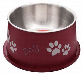 Camon Maroon Paw Print Anti-Skid 1.5L Stainless Steel Dog Bowl