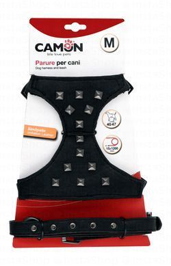 Camon Medium Black Studded Leather Dog Harness (40-47cm) & Leash (120x1.5cm)