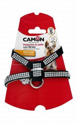Camon Small Black Leather Dog Harness with Strass (24-29cm)